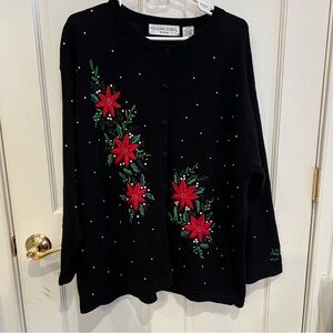 Womens VICTORIA JONES WOMAN  Embroidered Black Holiday Cardigan Plus Sz 2X